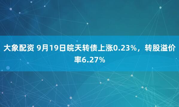 大象配资 9月19日皖天转债上涨0.23%，转股溢价率6.27%